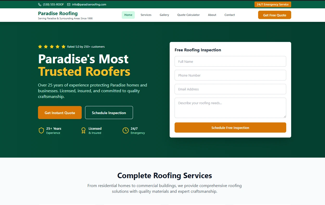 Paradise Roofers website homepage