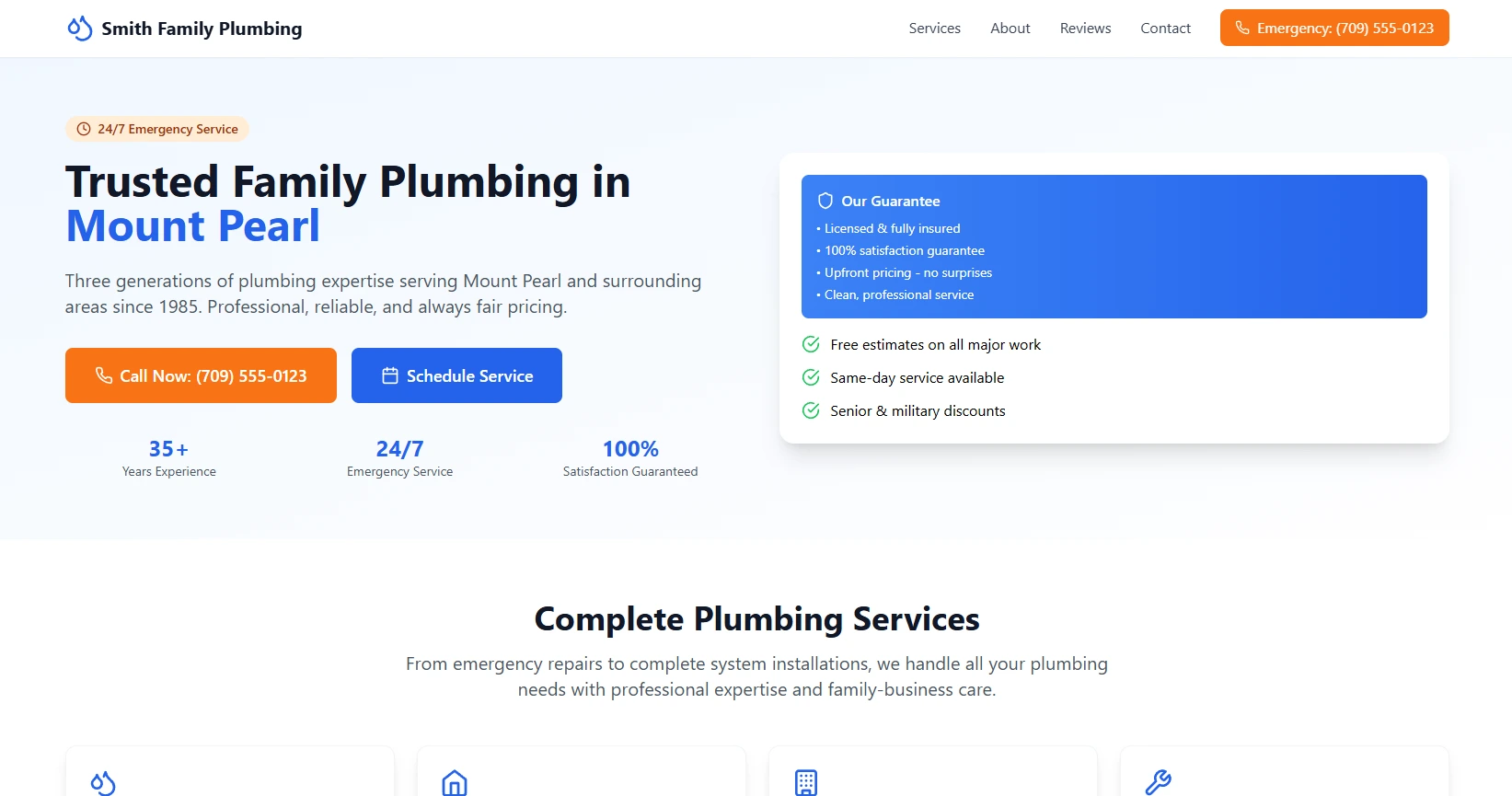 Smith Family Plumbing website homepage